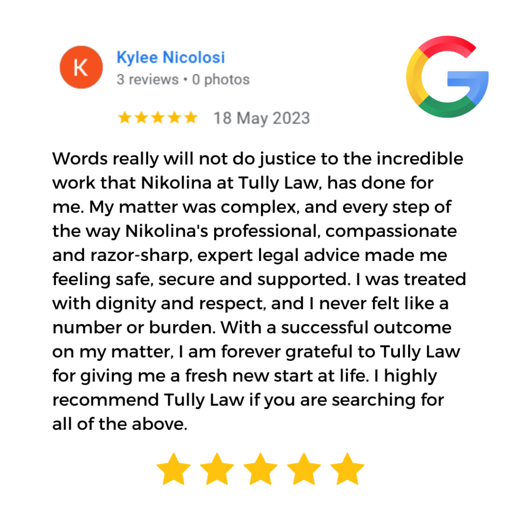 Tully Law Personal Injury and Accident Compensation Lawyer - Five Star Google Review & Testimonial. Nikolina Tully is the best lawyer in Brisbane. Queensland solicitor in accident compo. WorkCover injuries. Complex legal matter. Great legal advice. Razor sharp lawyer in Brisbane, Queensland, no-win, no-fee lawyer Banyo.