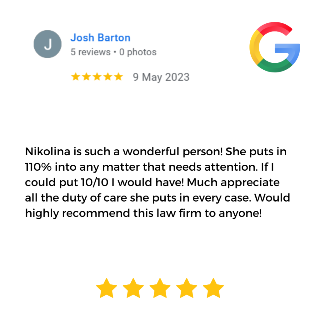 Tully Law Personal Injury and Accident Compensation Lawyer - Five Star Google Review & Testimonial Banyo Brisbane lawyer. Highly recommended. 10 out of 10 recommendation. Tully Law put some much effort into my legal matter to get me the best outcome. Nikolina Tully is a wonderful person and she put in a lot a care and duty of care into my negligence WorkCover Queensland claim.