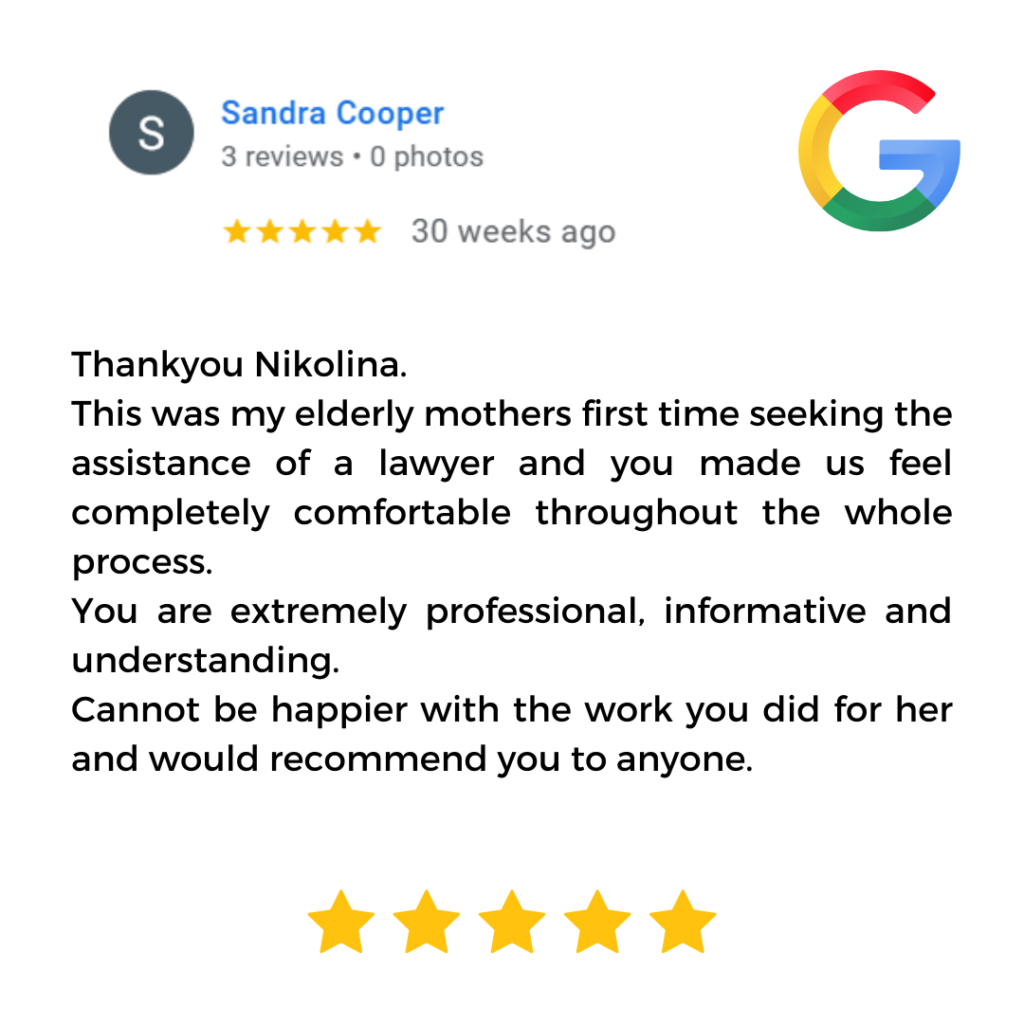 Tully Law Personal Injury and Accident Compensation Lawyer Five Star Google Review & Testimonial - Absolutely the best lawyer. Nikolina is a courteous, understanding and knowledgeable lawyer. I highly recommend Tully Law to anyone in a car crash or motor vehicle accident. Nikolina Tully, solicitor made my mum feel really comfortable in the whole CTP motor vehicle claim process with the CTP insurer.