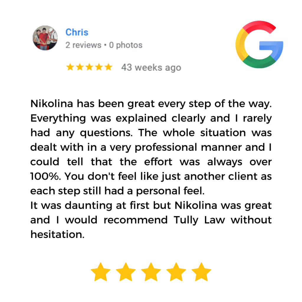 Tully Law Personal Injury and Accident Compensation Lawyer Five Star Google Positive Review & Testimonial - I highly recommend Tully Law in Banyo